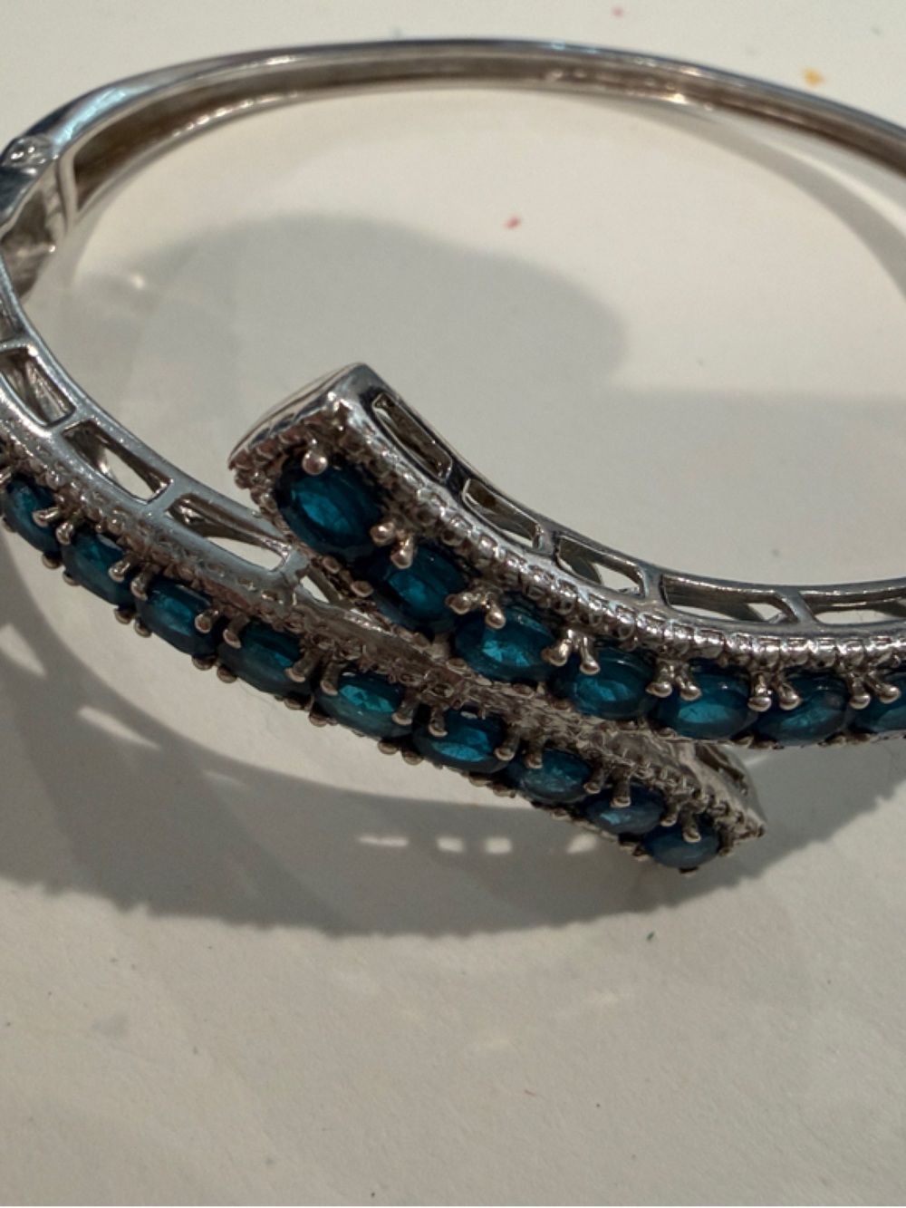 Silver-Tone Blue Crystal Hinged Bangle Bracelet
